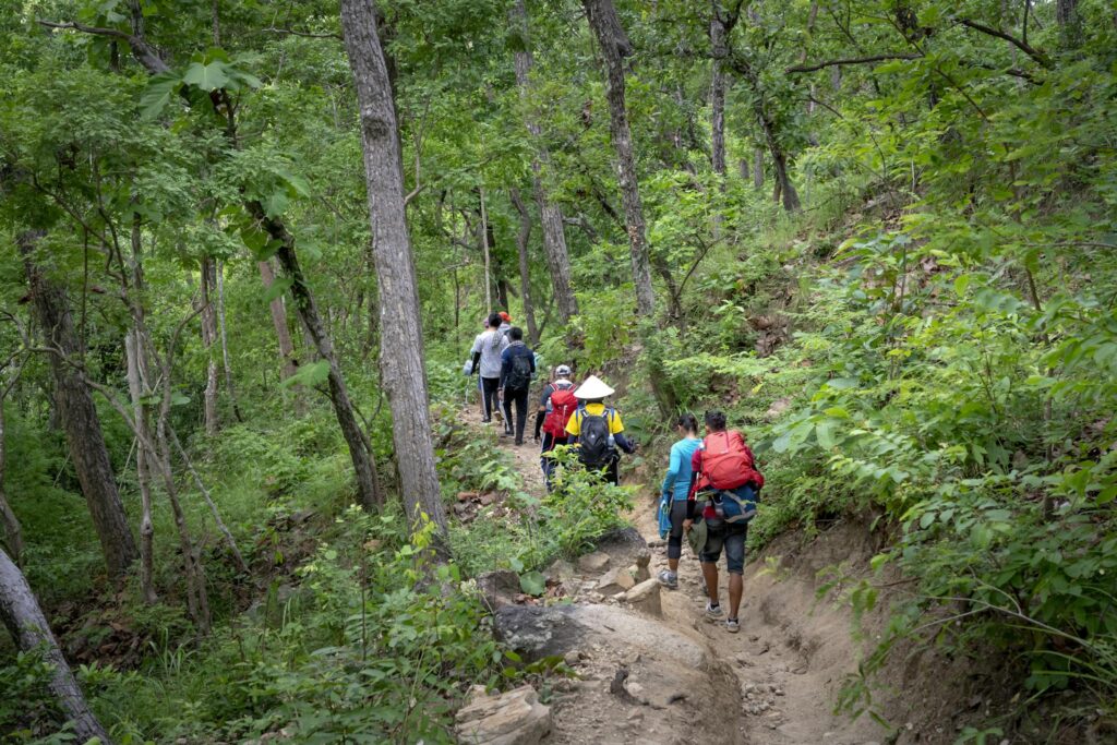 From above of faceless travelers with backpacks in casual clothes walking along narrow dirty path in lush green jungle during hiking tour